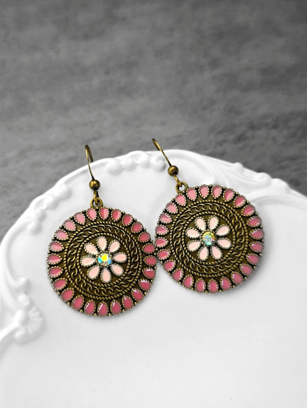 Boho Floral Sphere Earrings Bronze Dangle Jewelry Pink Bronze